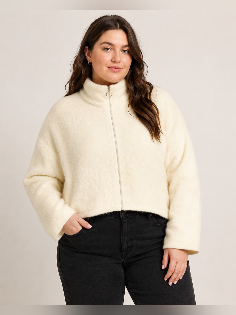 Wild Fable Women’s XXL Cream Fuzzy Full Zip Cropped Jacket NWT - Picture 2 of 5